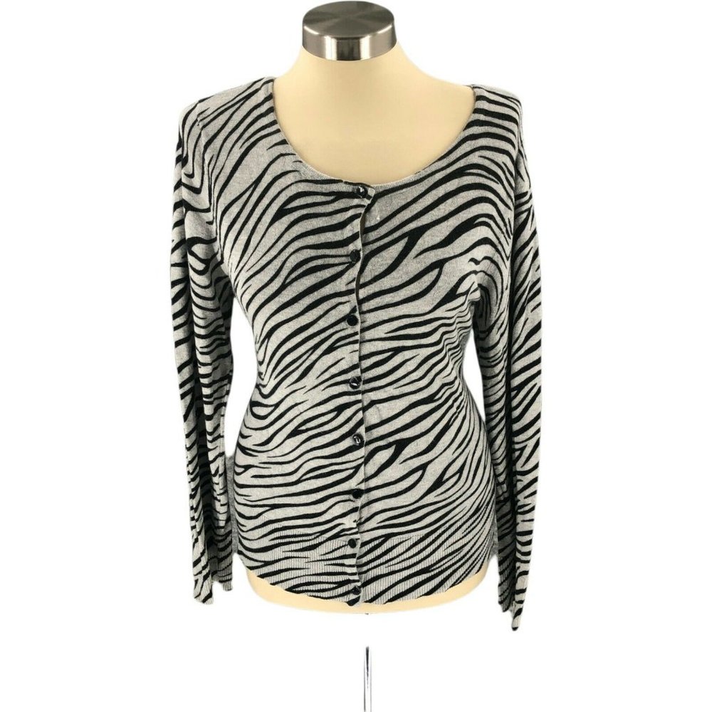 Covington Womens Sweater Extra Large Petite XLP Gray Zebra Print Cardigan Button